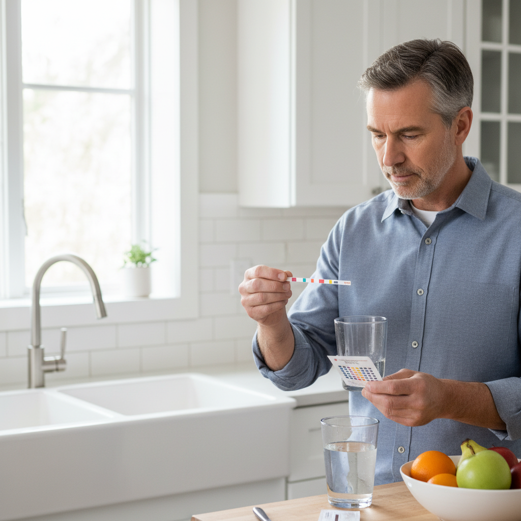 Homeowner testing tap water with test strips