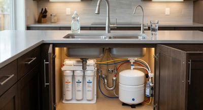 A reverse osmosis water filtration system installed neatly under a kitchen sink