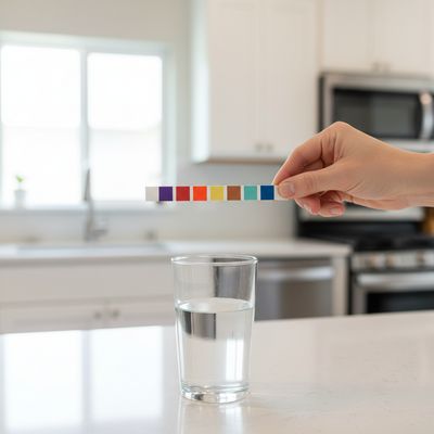 Hand holding a water test strip over a glass of water in a kitchen