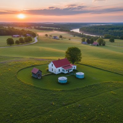 Aerial view of rural home with well water system surrounded by green fields
